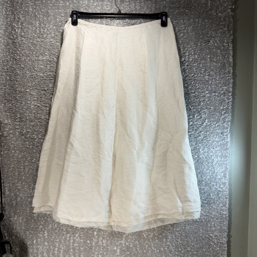 Eileen Fisher Linen Silk A-line Midi Skirt L Tan Off White Zip Preppy 35W